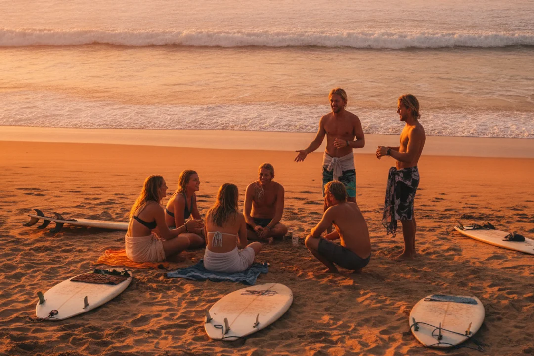 Sunset beach hangout at the Canggu surf camp, Bali